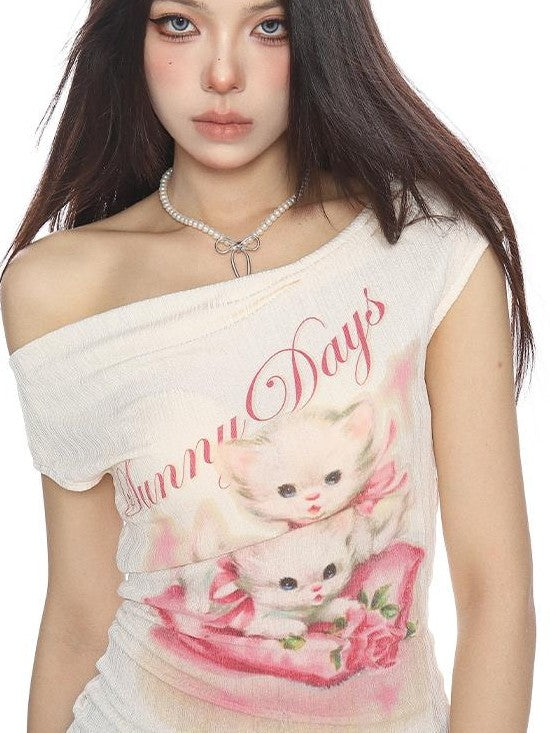 BIGGOLD STUDIO Cute Cat Print Asymmetric One Shoulder Slim Cropped Women's Short Sleeve T-shirts