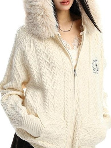 BIGGOLD STUDIO Detachable Faux Fur Trim Cable Knit Hooded Women's Thick Hoodies