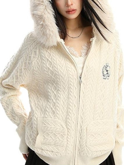 BIGGOLD STUDIO Detachable Faux Fur Trim Cable Knit Hooded Women's Thick Hoodies