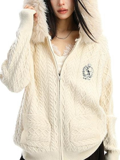 BIGGOLD STUDIO Detachable Faux Fur Trim Cable Knit Hooded Women's Thick Hoodies