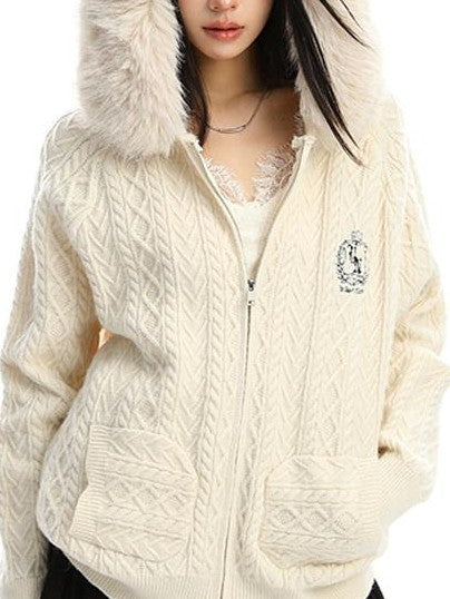 BIGGOLD STUDIO Detachable Faux Fur Trim Cable Knit Hooded Women's Thick Hoodies