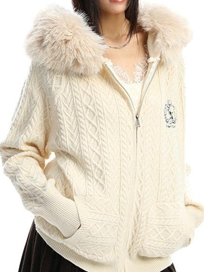 BIGGOLD STUDIO Detachable Faux Fur Trim Cable Knit Hooded Women's Thick Hoodies