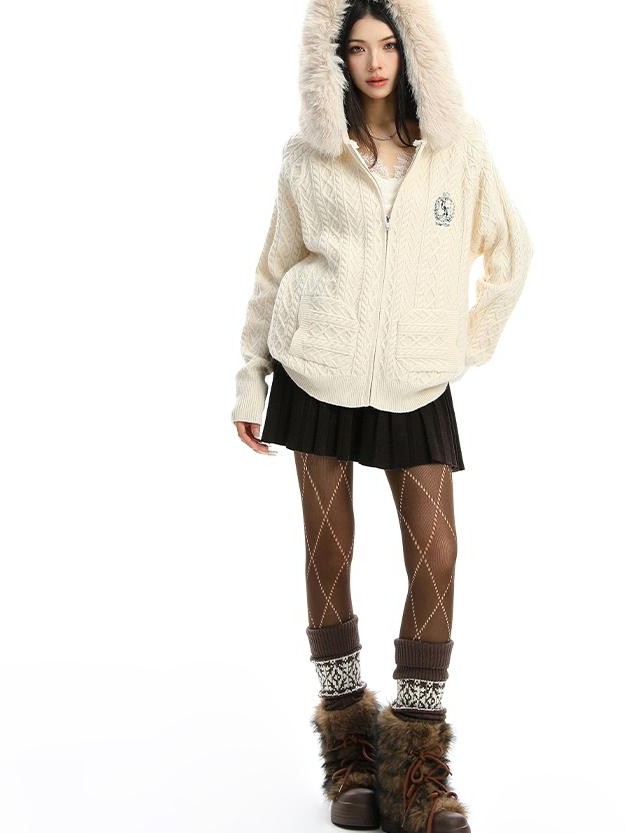 BIGGOLD STUDIO Detachable Faux Fur Trim Cable Knit Hooded Women's Thick Hoodies