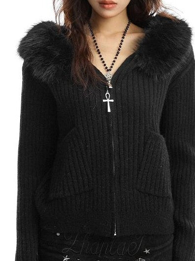 BIGGOLD STUDIO Detachable Faux Fur Trim Hooded Knit Women's Cardigans