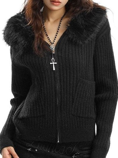 BIGGOLD STUDIO Detachable Faux Fur Trim Hooded Knit Women's Cardigans