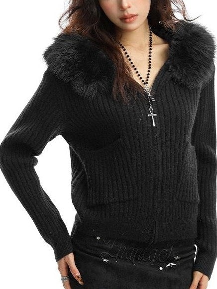 BIGGOLD STUDIO Detachable Faux Fur Trim Hooded Knit Women's Cardigans