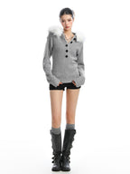BIGGOLD STUDIO Detachable Fur Trim Hooded Button Up Slim Fit Knit Women's Sweaters