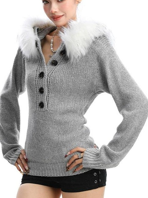 BIGGOLD STUDIO Detachable Fur Trim Hooded Button Up Slim Fit Knit Women's Sweaters
