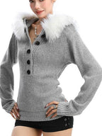 BIGGOLD STUDIO Detachable Fur Trim Hooded Button Up Slim Fit Knit Women's Sweaters