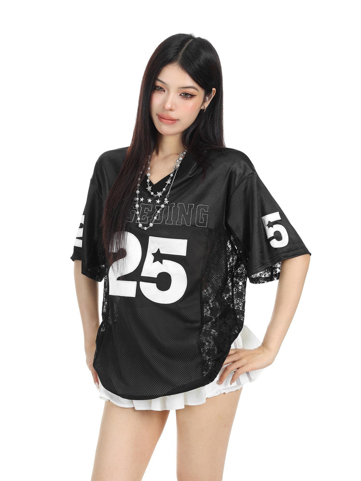 BIGGOLD STUDIO Embroidered Lace Satin V-neck Women's Loose Short Sleeve T-shirts