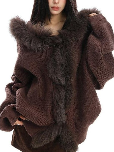 BIGGOLD STUDIO Faux Fur Trim Hooded Spliced Knit Women's Cotton Cardigans