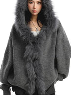 BIGGOLD STUDIO Faux Fur Trim Hooded Spliced Knit Women's Cotton Cardigans