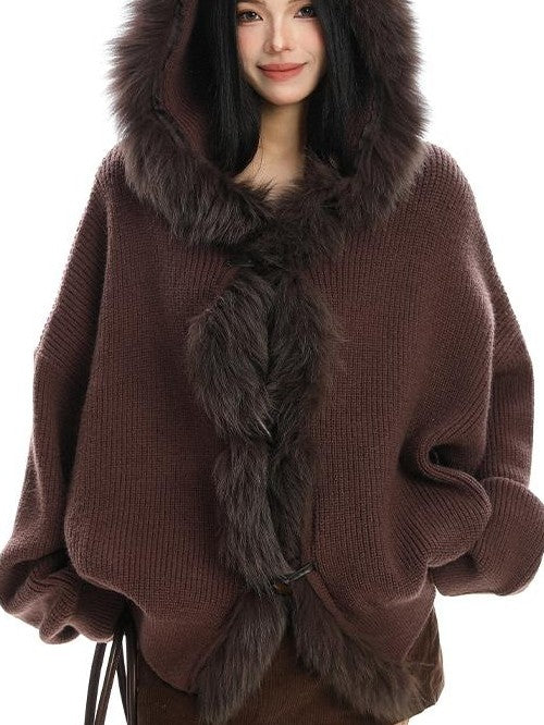 BIGGOLD STUDIO Faux Fur Trim Hooded Spliced Knit Women's Cotton Cardigans