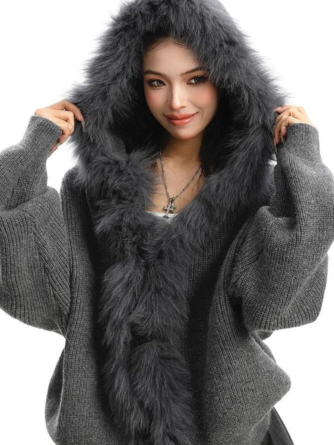 BIGGOLD STUDIO Faux Fur Trim Hooded Spliced Knit Women's Cotton Cardigans