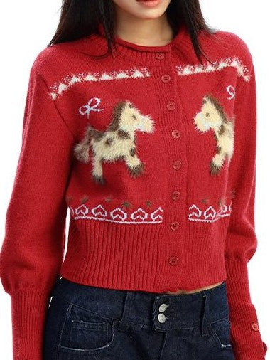 BIGGOLD STUDIO Flocked Horse Embroidery Fitted Waist Cropped Women's Knit Cardigans