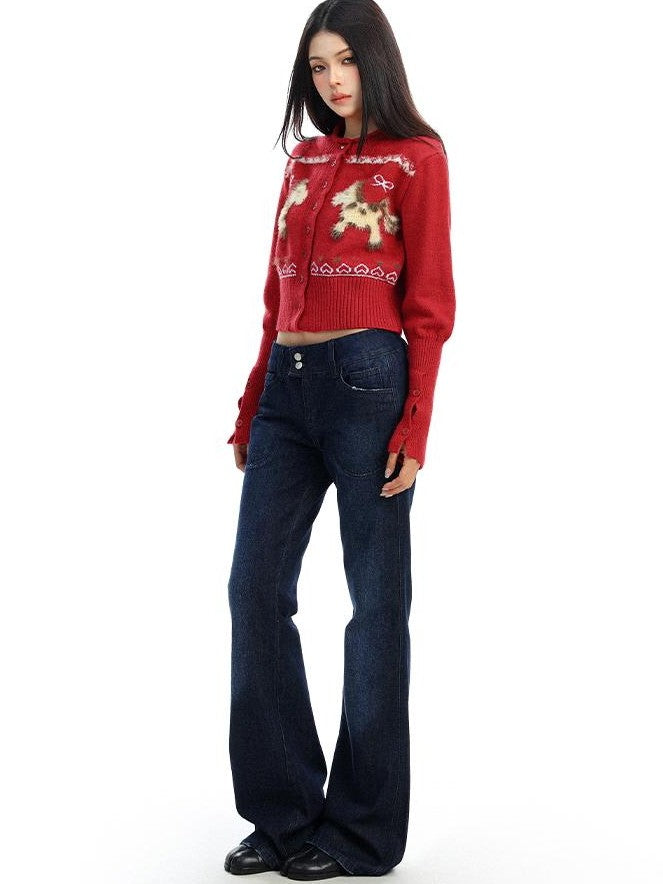 BIGGOLD STUDIO Flocked Horse Embroidery Fitted Waist Cropped Women's Knit Cardigans