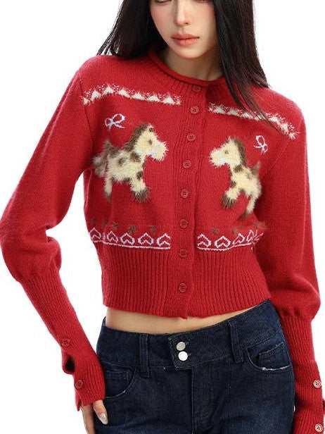 BIGGOLD STUDIO Flocked Horse Embroidery Fitted Waist Cropped Women's Knit Cardigans
