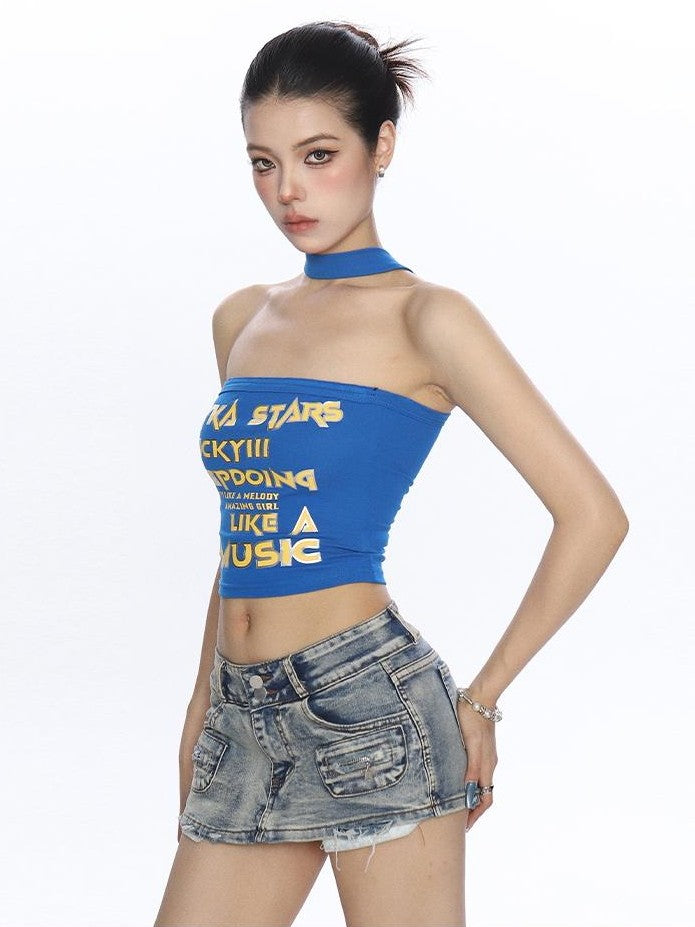 BIGGOLD STUDIO Halter Letter Print Slim Fit Cropped Women's Tank Tops