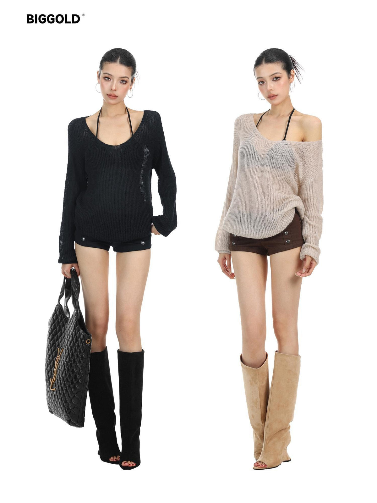 BIGGOLD STUDIO Hollow Out Oversized V-neck Knit Women's Long Sleeve T-shirts