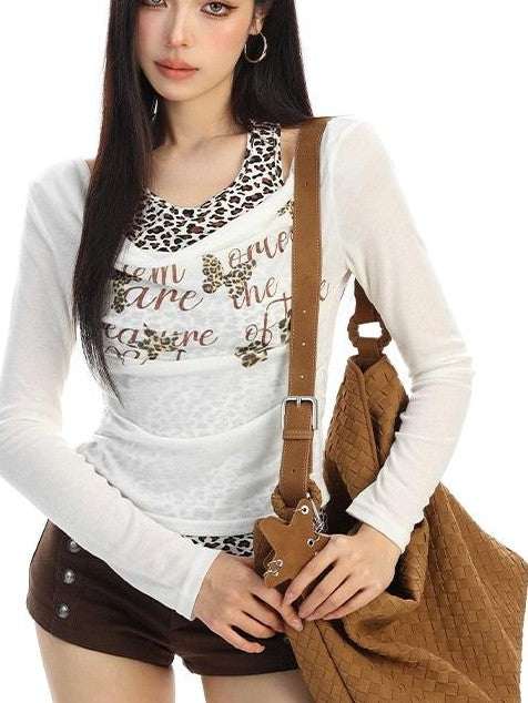 BIGGOLD STUDIO Leopard Cross Print Halter Faux Layered Women's Slim Fit Long Sleeve T-shirts