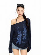 BIGGOLD STUDIO Leopard Print Asymmetric Off Shoulder Women's Long Sleeve T-shirts