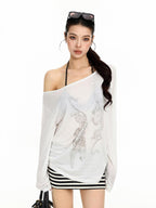 BIGGOLD STUDIO Leopard Print Asymmetric Off Shoulder Women's Long Sleeve T-shirts