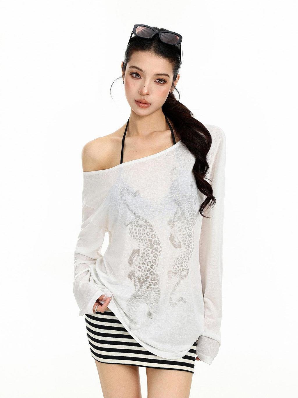 BIGGOLD STUDIO Leopard Print Asymmetric Off Shoulder Women's Long Sleeve T-shirts