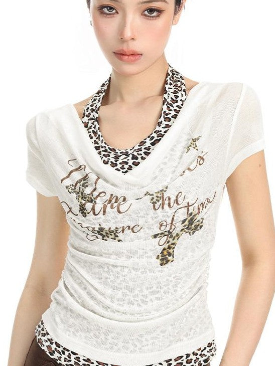 BIGGOLD STUDIO Leopard Print Cross Letter Print Draped Cowl Neck Women's Slim Fit Short Sleeve T-shirts