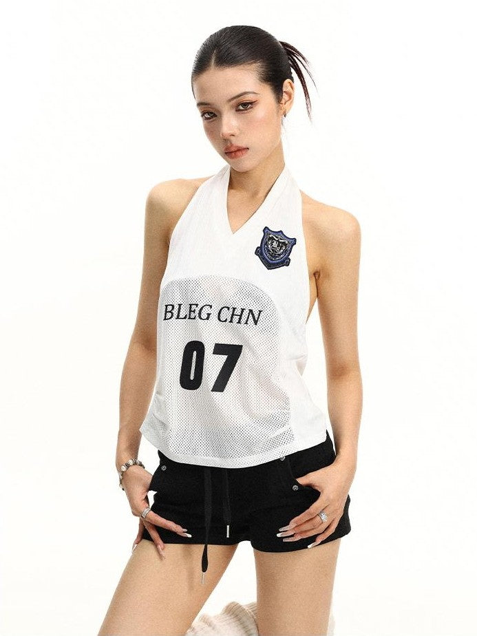 BIGGOLD STUDIO Letter Print V-neck Open Back Halter Mesh Women's Slim Fit Tank Tops
