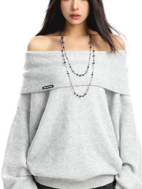 BIGGOLD STUDIO Off Shoulder Knit Loose Women's Thermal Pullover Sweaters