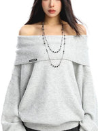 BIGGOLD STUDIO Off Shoulder Knit Loose Women's Thermal Pullover Sweaters