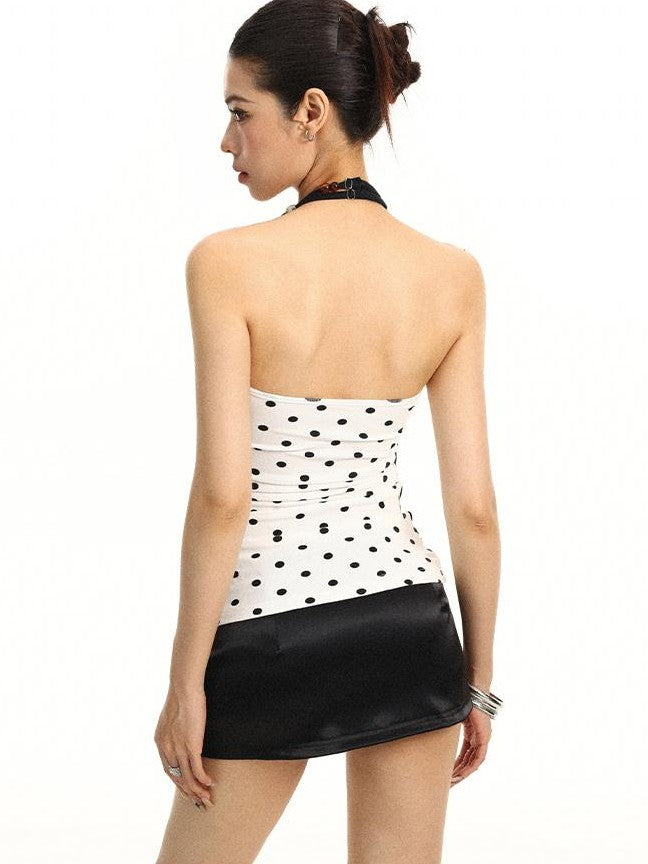 BIGGOLD STUDIO Polka Dot Print Halter V-neck Backless Women's Slim Fit Tank Tops
