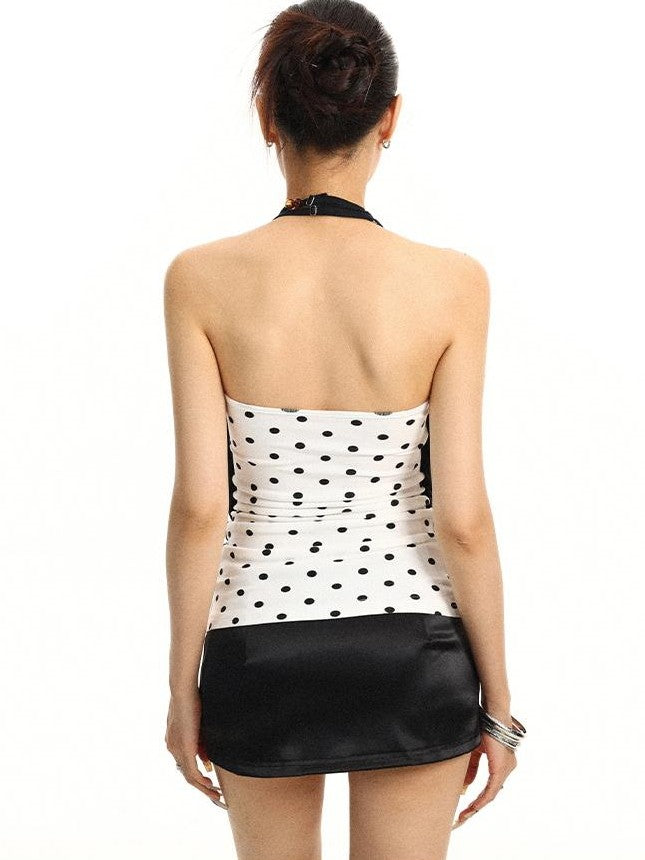 BIGGOLD STUDIO Polka Dot Print Halter V-neck Backless Women's Slim Fit Tank Tops