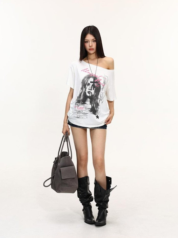 BIGGOLD STUDIO Portrait Print Asymmetric Off Shoulder Women's Short Sleeve T-shirts