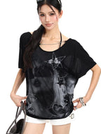 BIGGOLD STUDIO Portrait Print Off Shoulder Relaxed Fit Women's Short Sleeve T-shirts