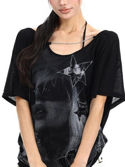 BIGGOLD STUDIO Portrait Print Off Shoulder Relaxed Fit Women's Short Sleeve T-shirts