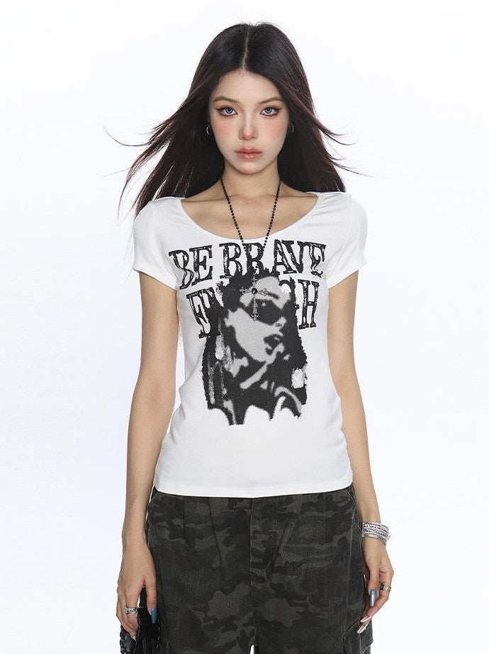 BIGGOLD STUDIO Portrait Print Square Neck Cropped Women's Streetwear Short Sleeve T-shirts