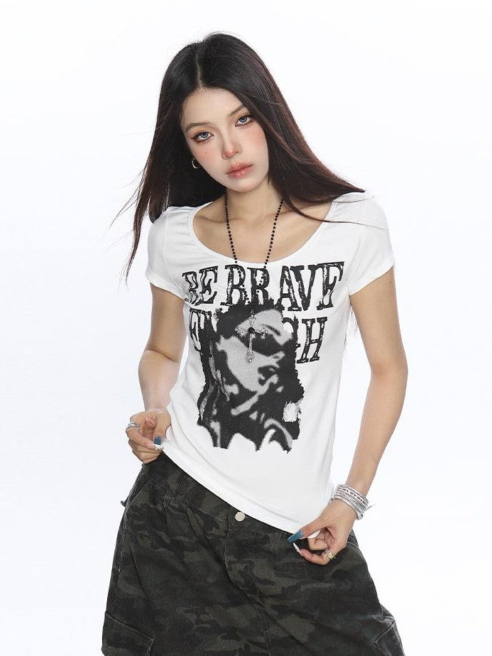 BIGGOLD STUDIO Portrait Print Square Neck Cropped Women's Streetwear Short Sleeve T-shirts