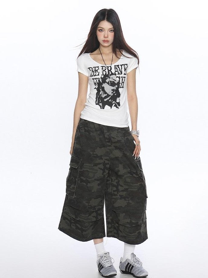 BIGGOLD STUDIO Portrait Print Square Neck Cropped Women's Streetwear Short Sleeve T-shirts