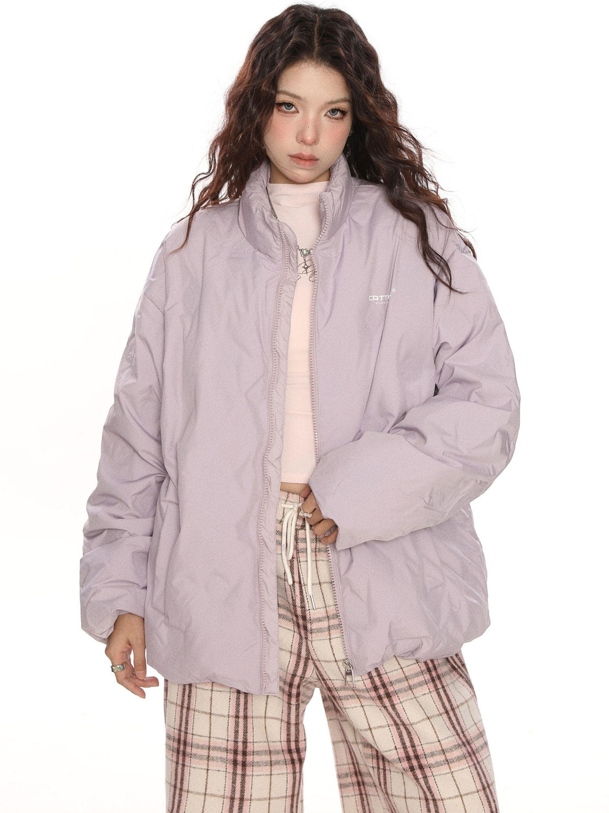 BIGGOLD STUDIO Quilted Stand Collar Letter Print Women's White Duck Down Down Jackets