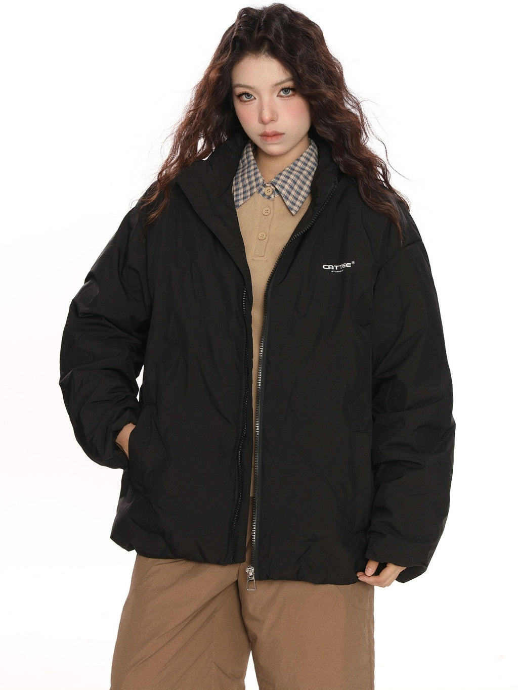 BIGGOLD STUDIO Quilted Stand Collar Letter Print Women's White Duck Down Down Jackets