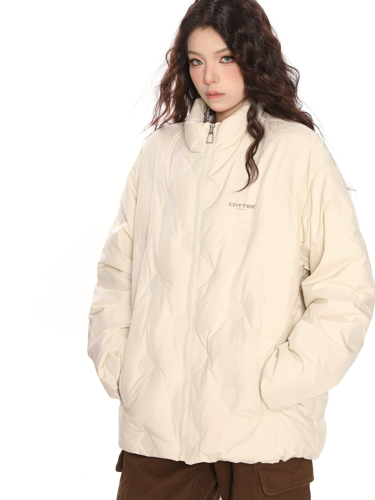 BIGGOLD STUDIO Quilted Stand Collar Letter Print Women's White Duck Down Down Jackets