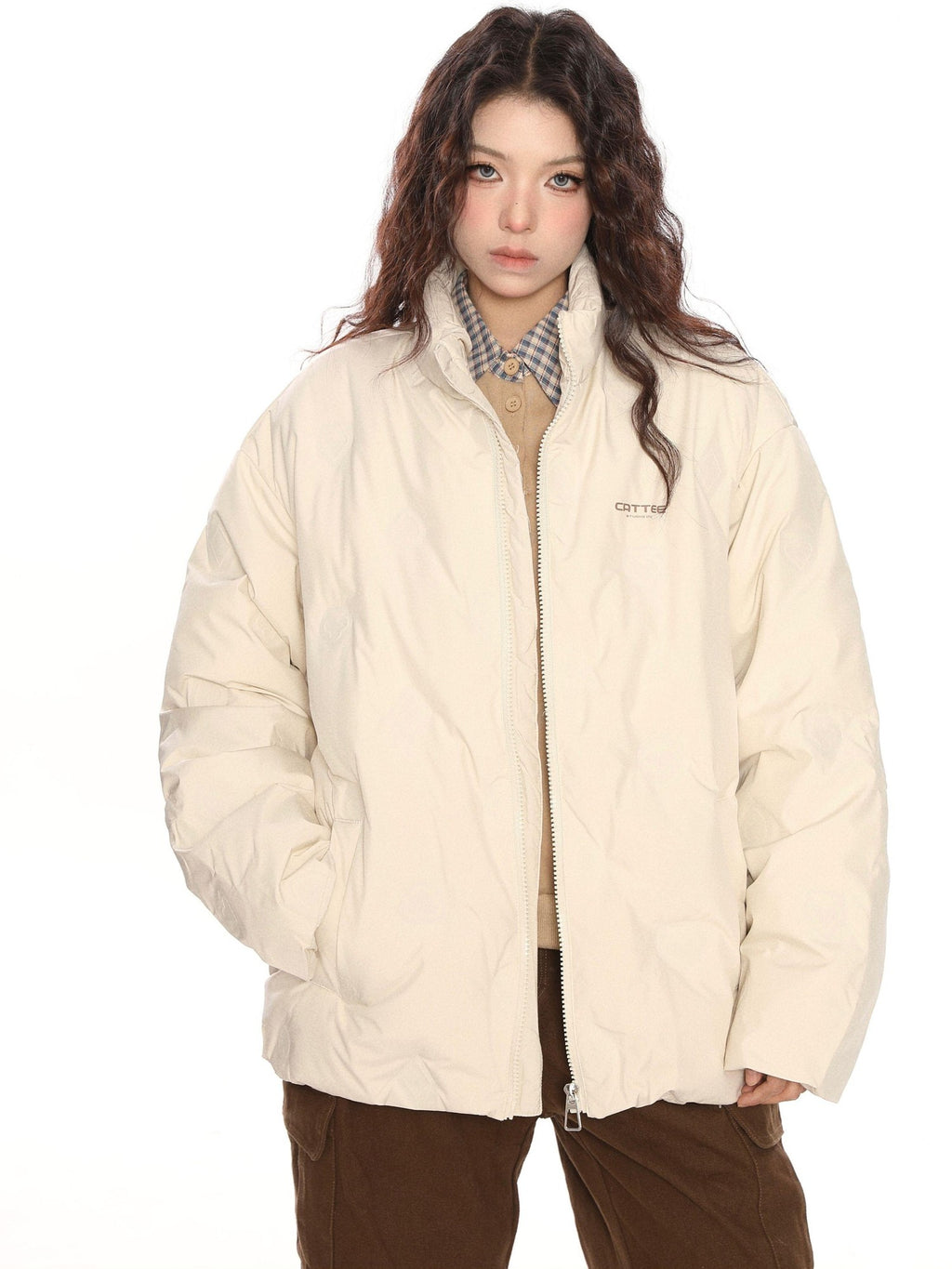 BIGGOLD STUDIO Quilted Stand Collar Letter Print Women's White Duck Down Down Jackets