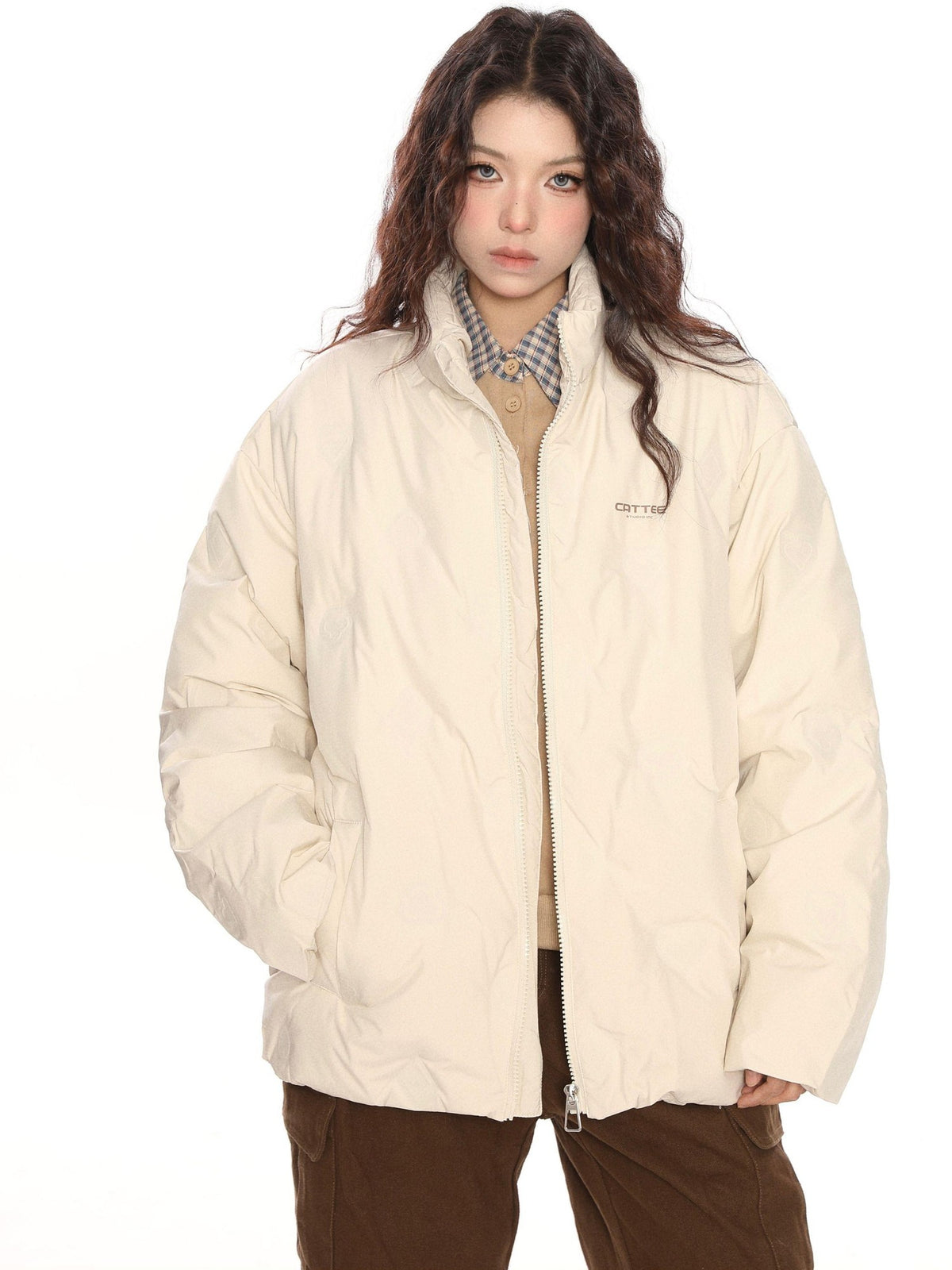 BIGGOLD STUDIO Quilted Stand Collar Letter Print Women's White Duck Down Down Jackets