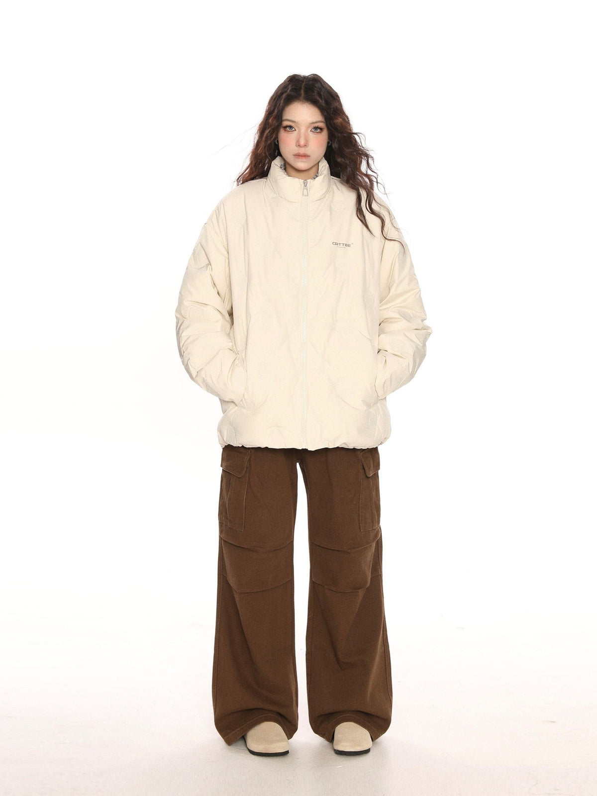 BIGGOLD STUDIO Quilted Stand Collar Letter Print Women's White Duck Down Down Jackets