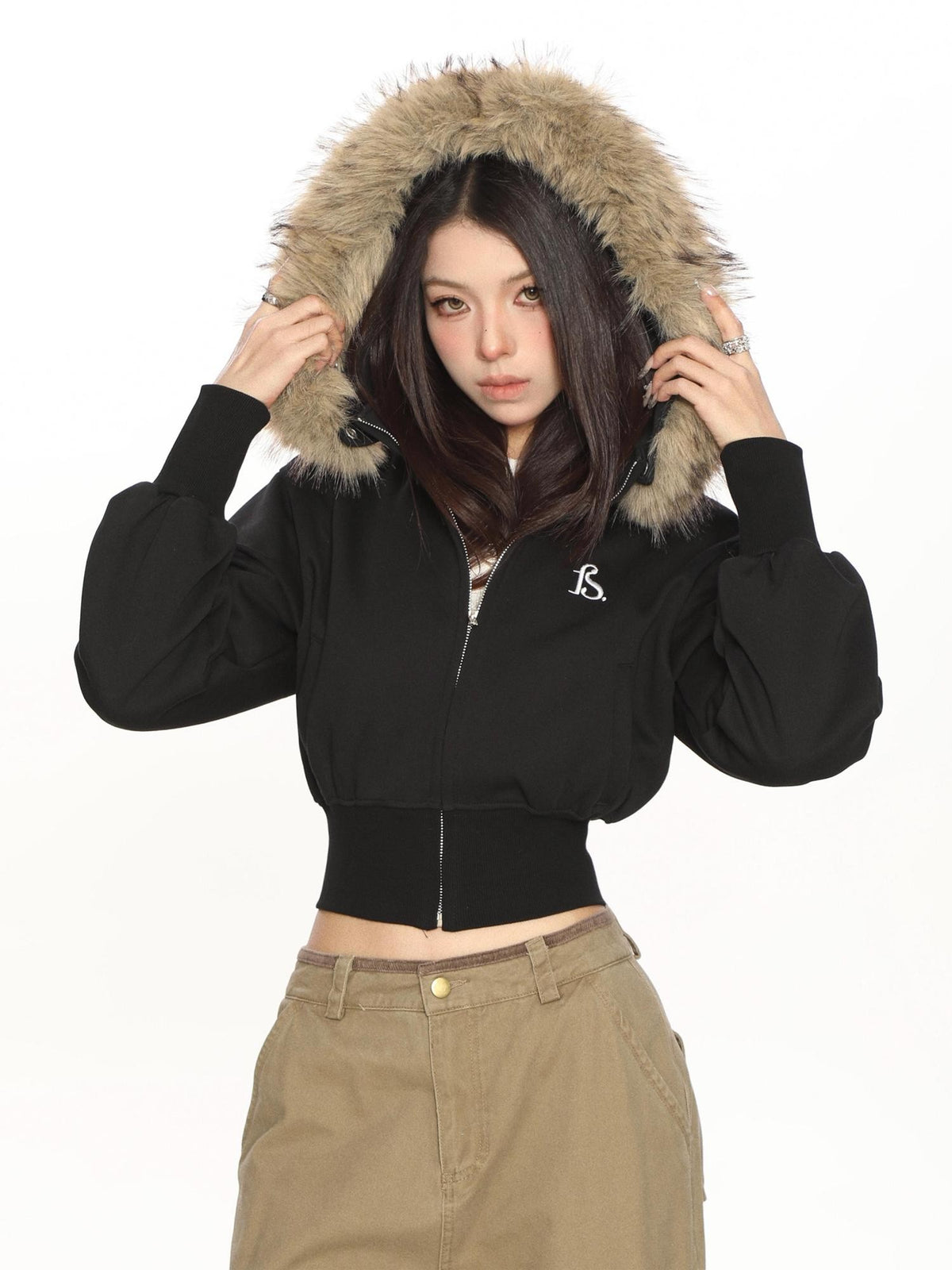 BIGGOLD STUDIO Removable Faux Fur Trim Zip Up Cropped Women's Hoodies