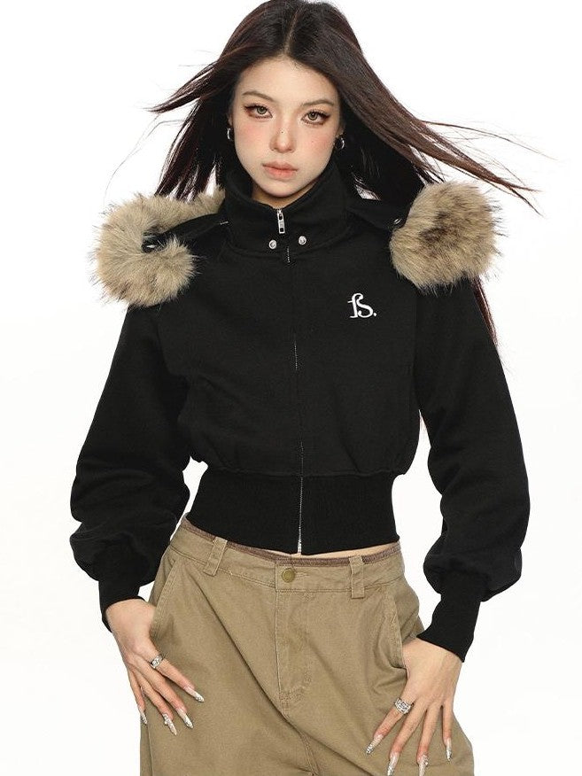 BIGGOLD STUDIO Removable Faux Fur Trim Zip Up Cropped Women's Hoodies