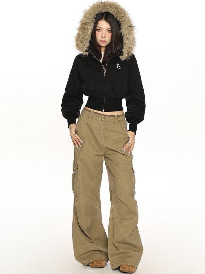 BIGGOLD STUDIO Removable Faux Fur Trim Zip Up Cropped Women's Hoodies