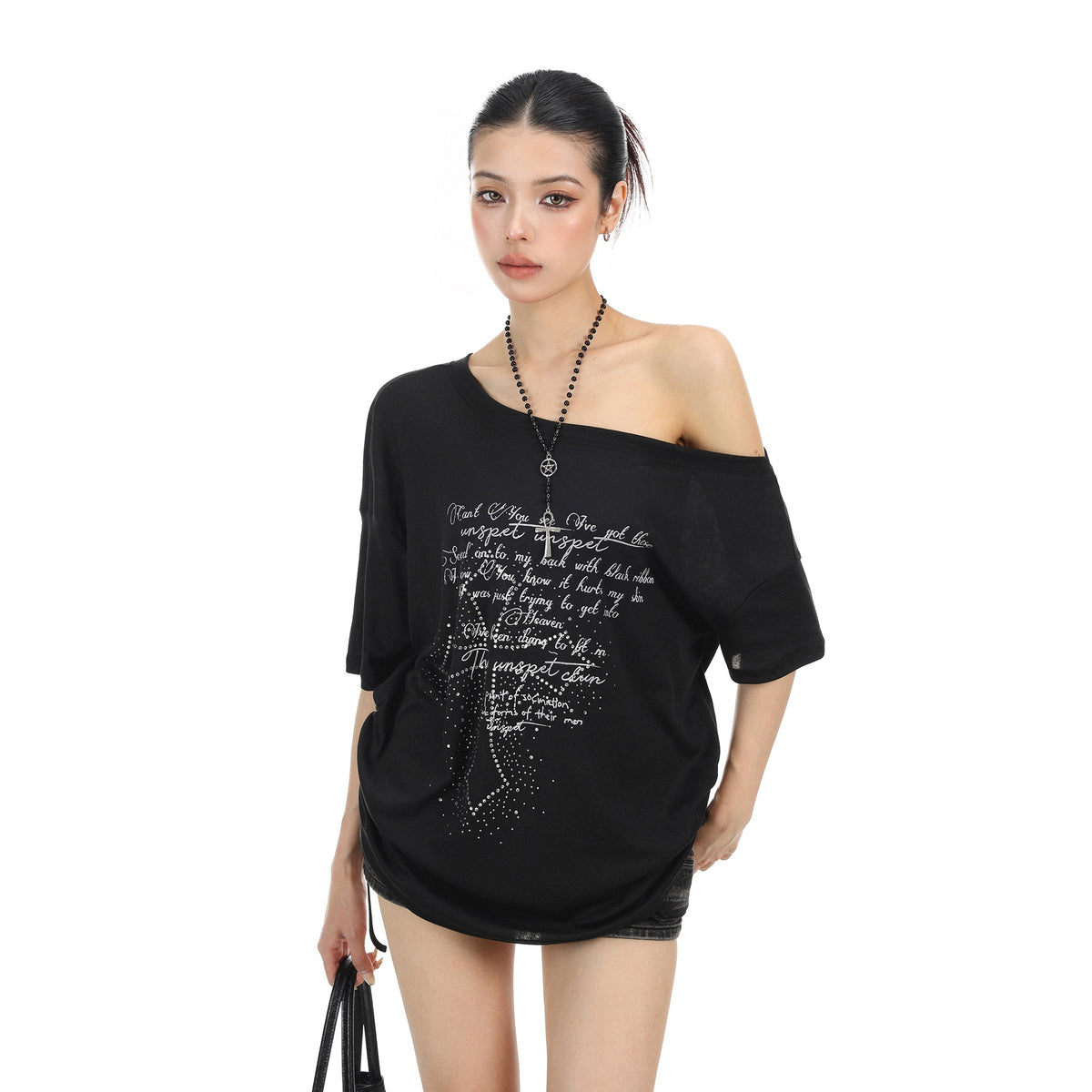 BIGGOLD_STUDIO_Rhinestone_Cross_Print_One_Shoulder_Women's_Short_Sleeve_T-shirts_1033419392373_MISSTT