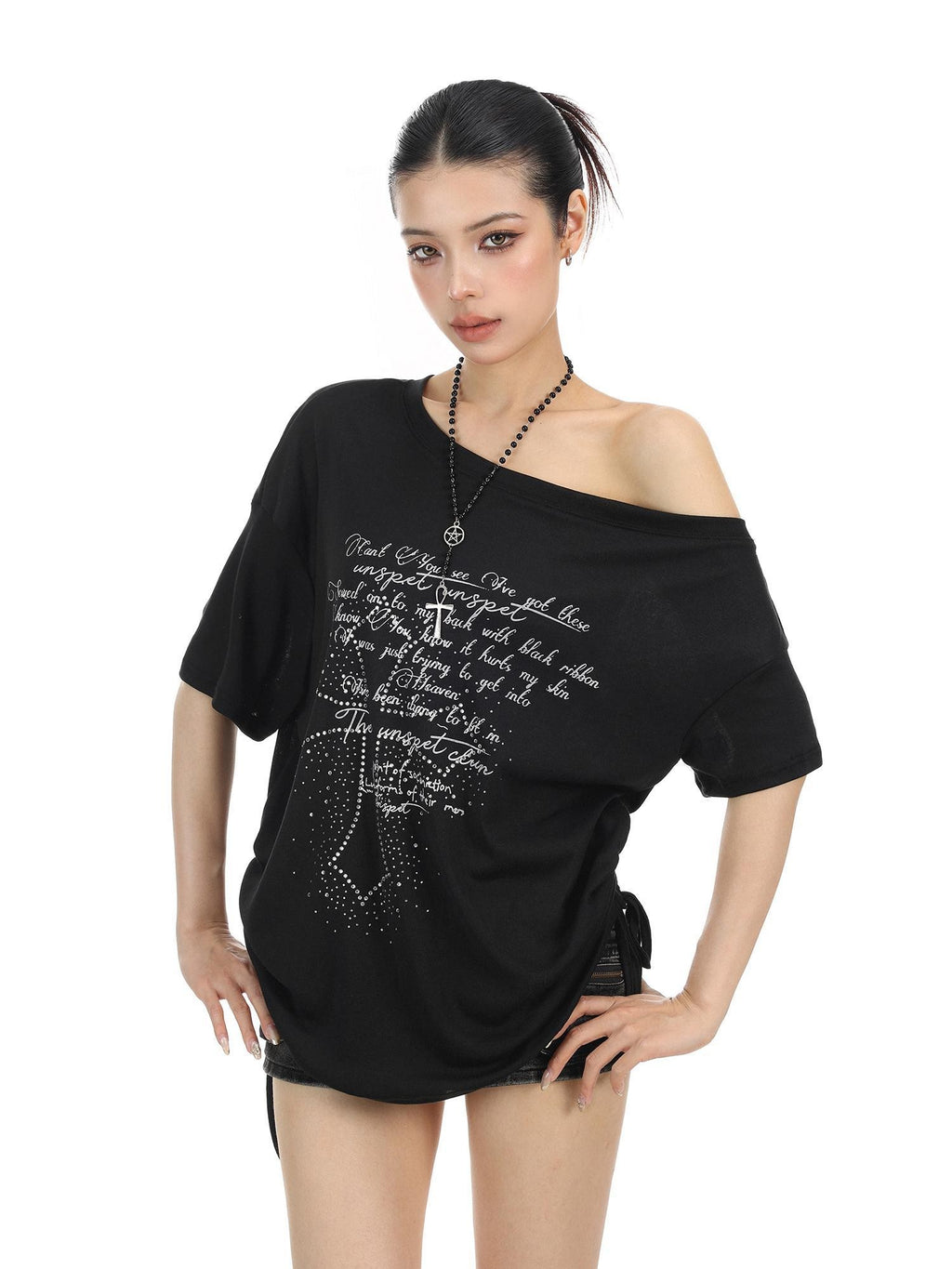 BIGGOLD STUDIO Rhinestone Cross Print One Shoulder Women's Short Sleeve T-shirts